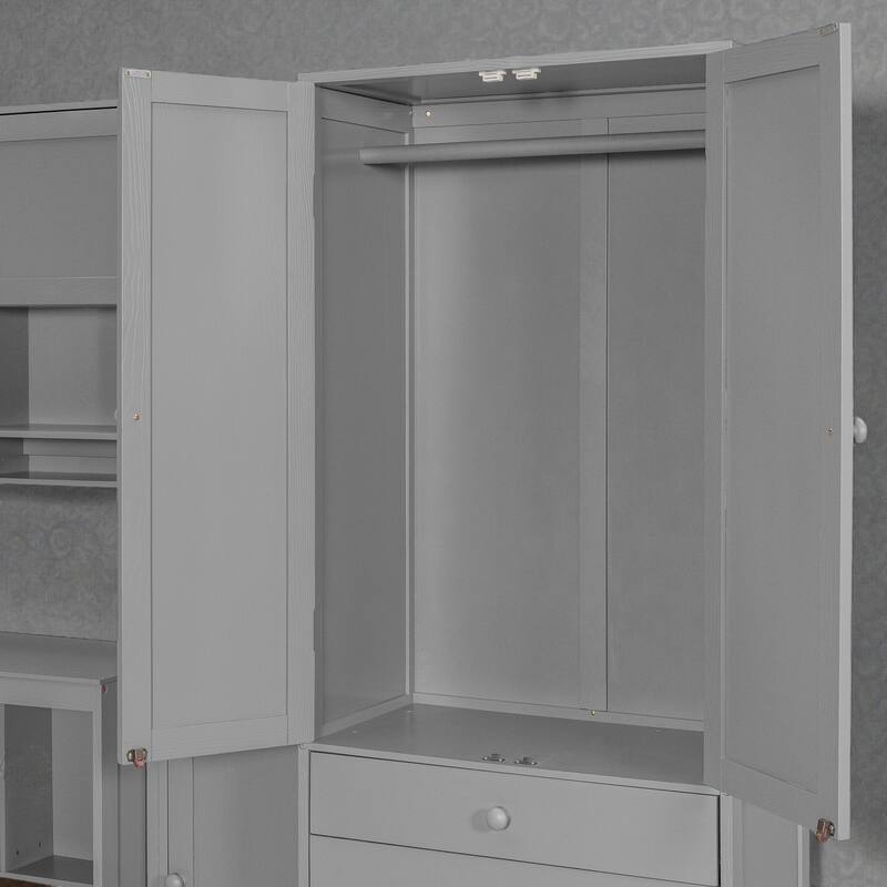 Twin Size Wooden Platform Bed with Desk and Storage, LED Light, Wardrobe Cabinets Drawers and Shelves