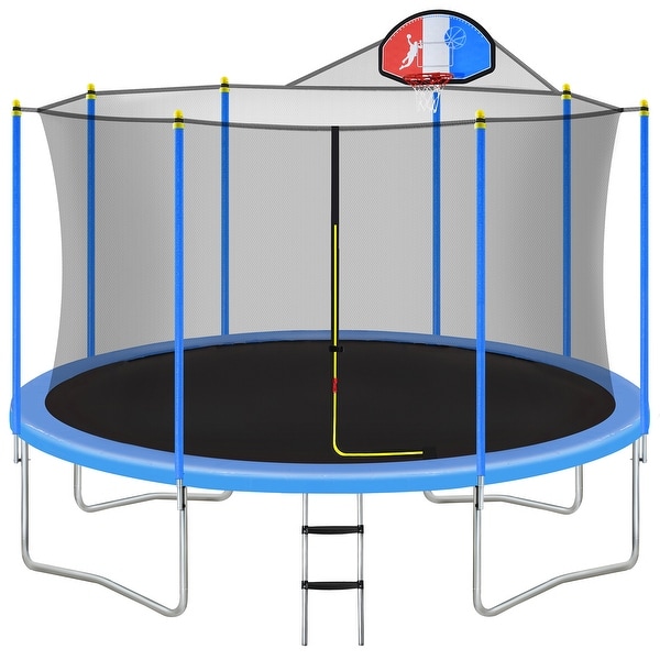 14FT Outdoor Trampoline Enclosure Net Basketball Hoop and Ladder