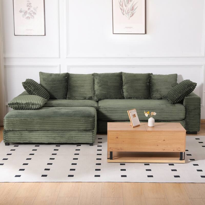 108.66" Thickened Corduroy Sectional Sofa with Storage Ottoman & Throw Pillows - Green