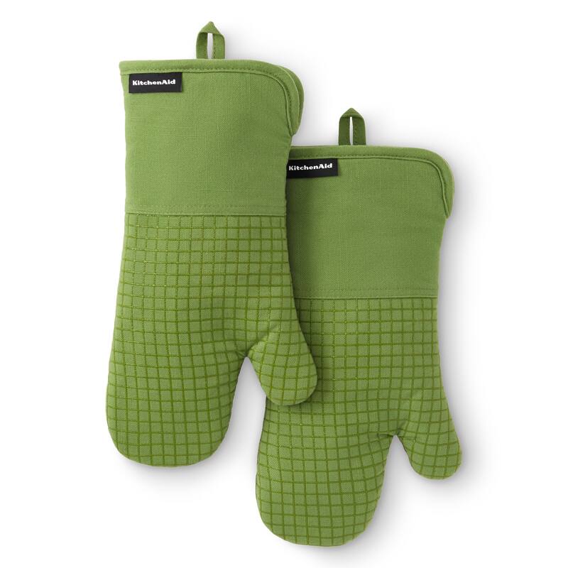 KITCHENAID Gourmet Series Gridlines Oven Mitts 2-Pack Set, Heat Resistant up to 600°F, Soft Silicone Grip, Magnetic Cuff - Matcha Green