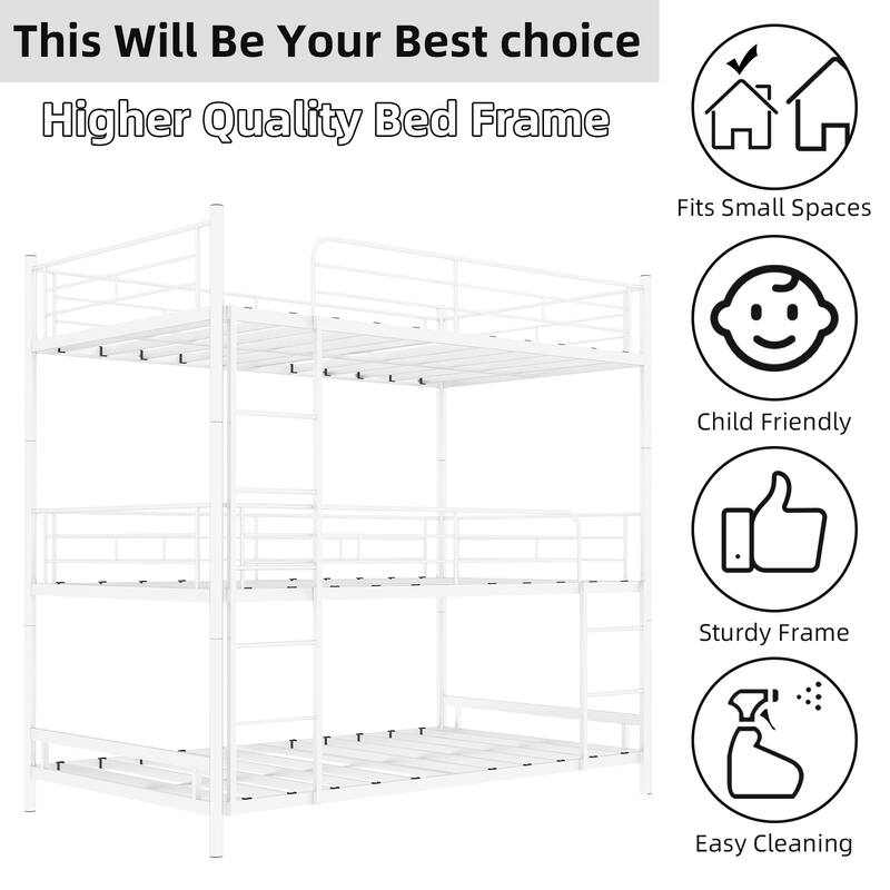 Heavy-duty Triple Frame Bed with Built-in Ladder and Full-length Railing, Space-saving, Easy to Assemble, White