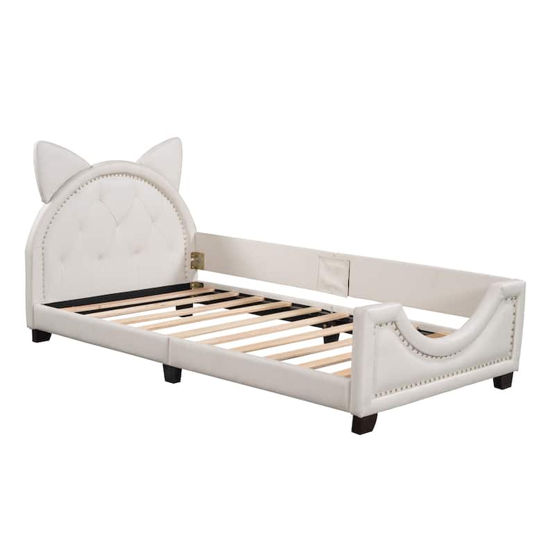 Twin PU Leather Daybed with Cartoon Ears Tufted Headboard