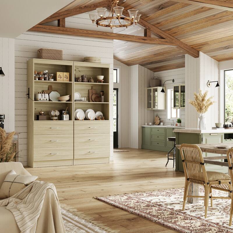 Tall Buffet Sideboard with Charging Station, Storage Pantry Organizer with Drawers and Shelves