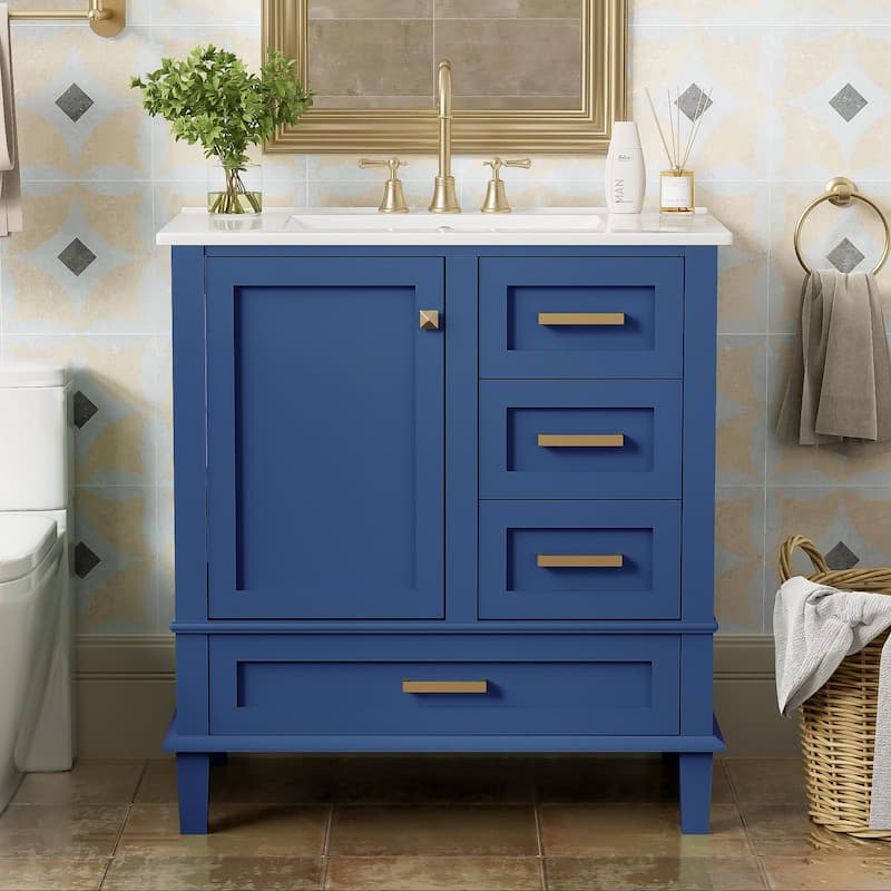 Modern Bathroom Vanity, 30" Freestanding Cabinet with Sink, Bathroom Storage Cabinet with Soft Closing Door and 3 Drawers - Blue