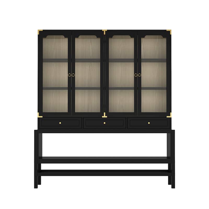 Bookshelves Black Display Cabinet with Glass Doors, Wood Grain Back, Metal Corner Accents - 66.1"x74.8"