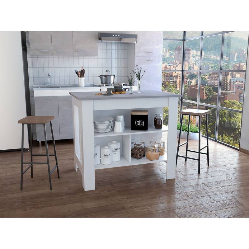 Kitchen Island, kitchen table 35" H, Four Legs, Three Open Storage Shelves