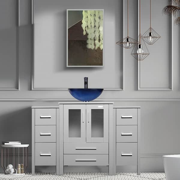 Eclife 48" Grey Bathroom Vanity Combo With White Vessel Sink, Faucet, Mirror & Side Cabinet - Modern Double Sink Setup