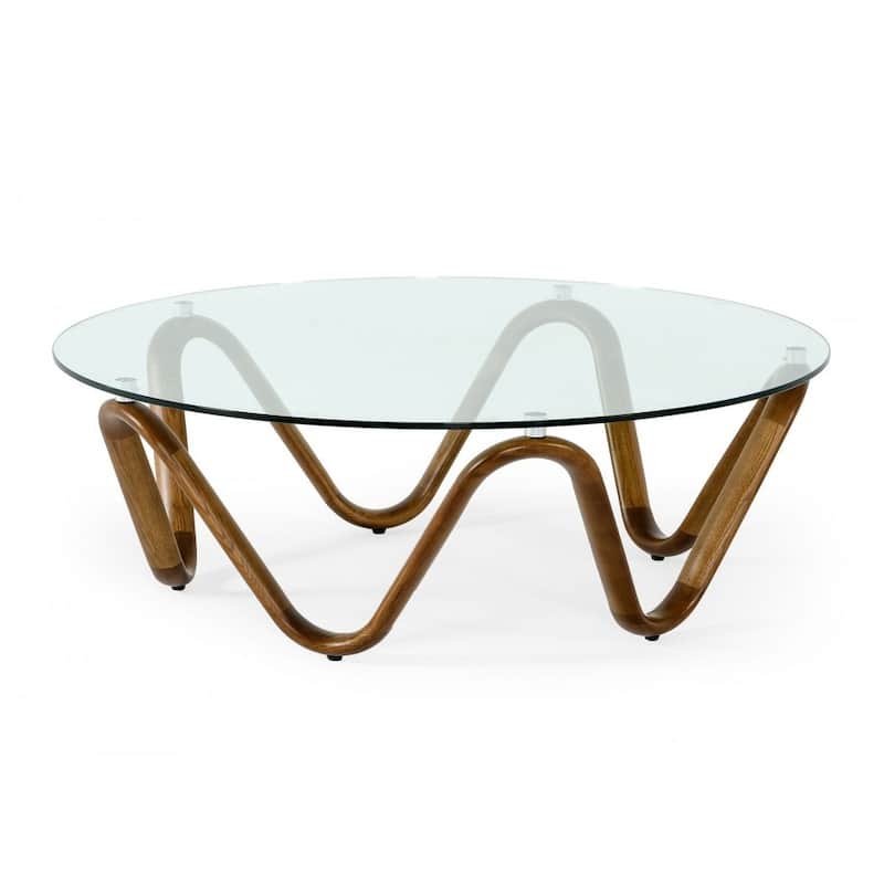 HomeRoots 45" Walnut And Clear Glass Abstract Wood Round Coffee Table - 45 x 45 x 15