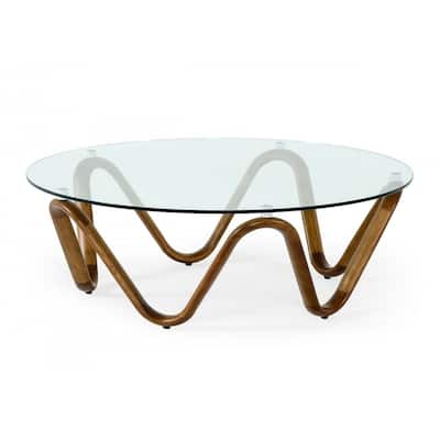 HomeRoots 45" Walnut And Clear Glass Abstract Wood Round Coffee Table - 45 x 45 x 15