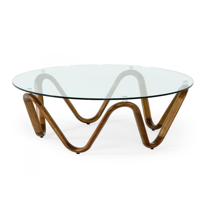 HomeRoots 45" Walnut And Clear Glass Abstract Wood Round Coffee Table - 45 x 45 x 15