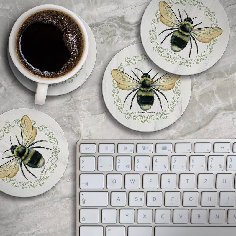CounterArt Summer Buzz Absorbent Stone Tumbled Tile Coaster Set of 4 Made in The USA Protective Cork Backing