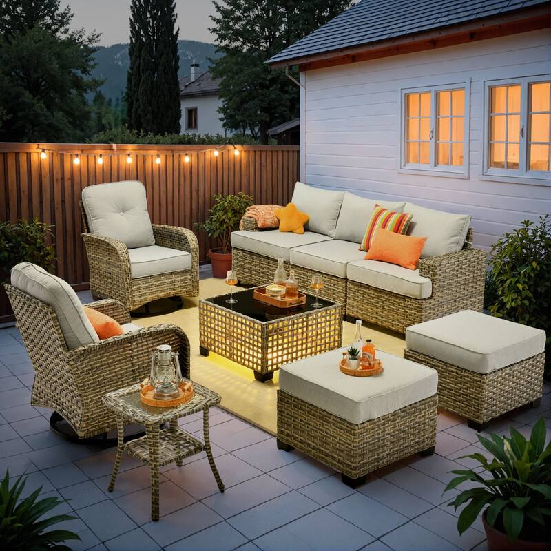 OVIOS 9 Pieces Wide Arm T shaped Seat Curved Swivel Chair Set With Solar-Powered Table - Grey