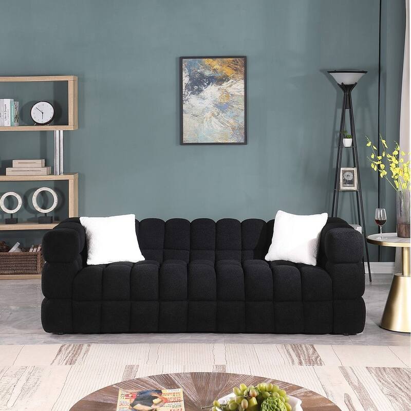 Modern Marshmallow Boucle Sofa with Solid Wood Frame and 2 Pillows