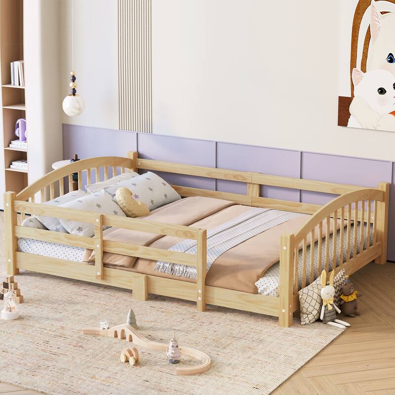 Montessori Floor Bed with Fence - Full/Twin Solid Wood, Slats & Safety Guardrails, Easy Assemble