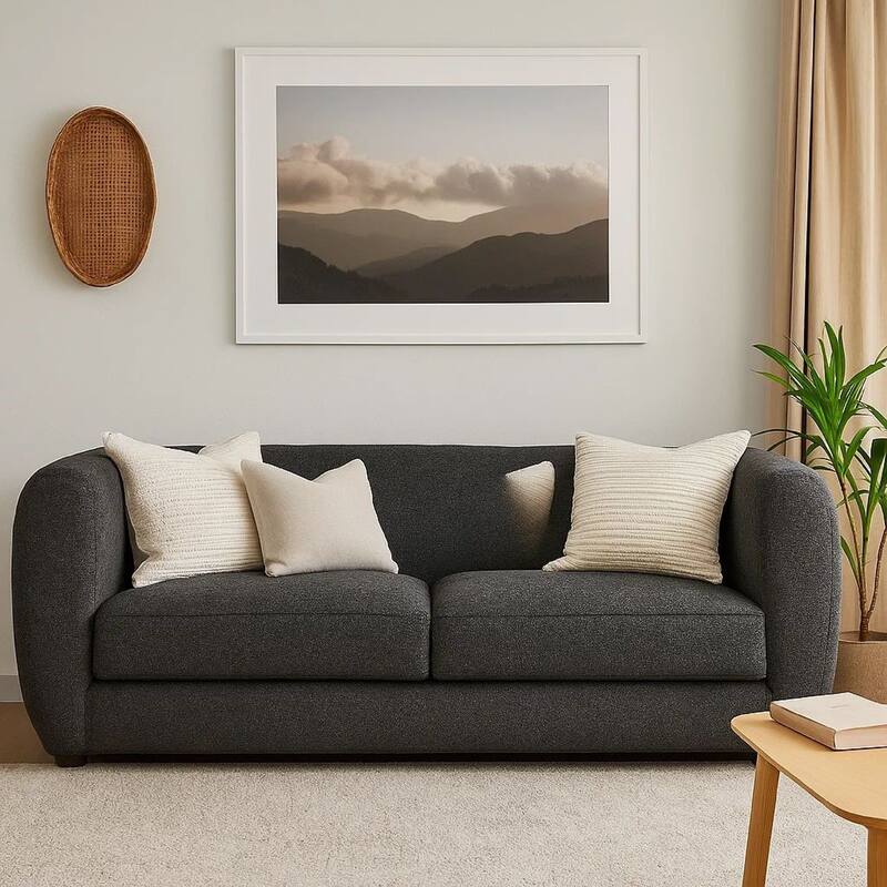 Dly Retro Sofa, Black Boucle Seat, Welt Trims, 87 Inch, Tuxedo Style