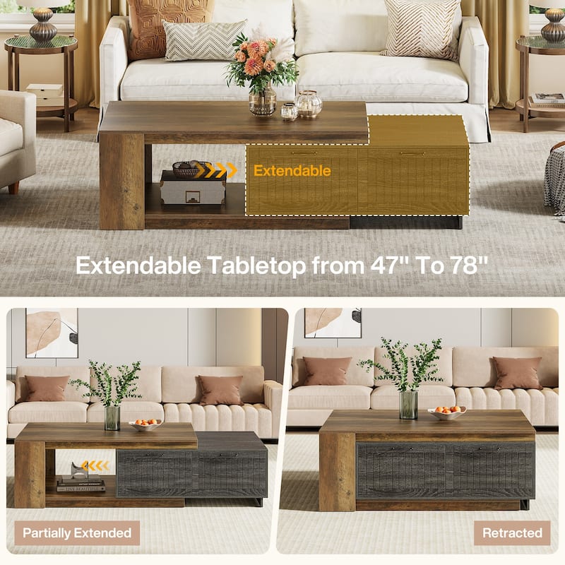 Industrial Expandable Coffee Table with Drawers for Living Room