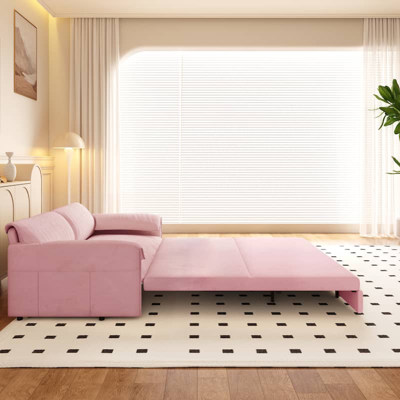 66" Queen Velvet Pull Out Sofa Bed w/ Side Storage Multi-Functional Loveseat Bed for Living Room Office - Pink