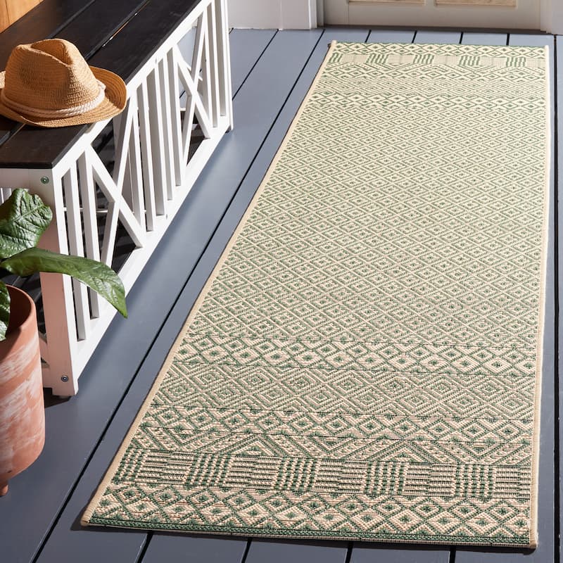 SAFAVIEH Courtyard Shikibu Indoor/ Outdoor Waterproof Patio Backyard Rug - 2'3" x 8' Runner - Dark Green/Beige