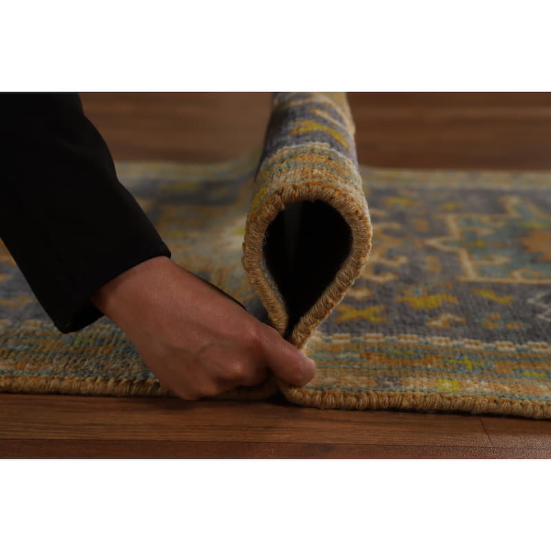 Hand Knotted Oriental 100% Wool Carpet Transitional Geometric Greys & Charcoal Khotan Runner Rug - 9' 8'' X 2' 6''