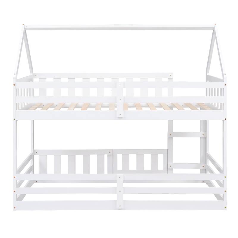 Roomfitters Twin Over Twin House Bunk Bed with Fence and Door, Space-Saving Frame for Bedroom, White