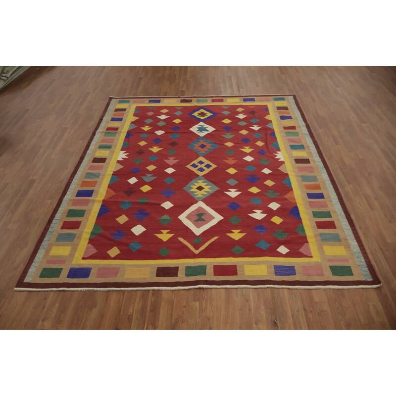 Hand Woven Oriental 100% Wool Carpet Southwestern Tribal Red Kilim Area Rug - 9' 10'' X 8' 2''