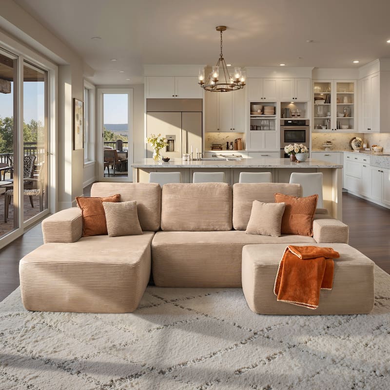 ​​OVIOS Lazy Chaise Lounge Sofa with Ottoman​ - Left​​Corduroy-Camel​