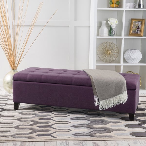 slide 2 of 17, Mission Tufted Fabric Storage Ottoman Bench by Christopher Knight Home - 50.50"L x 18.75"W x 16.00"H Purple+Velvet
