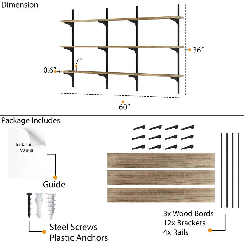 Wallniture Turin 60" Wall Mounted Shelves with Adjustable Brackets, Floating Bookhelves for Office & Living Room, 2,3 or 4 Tier