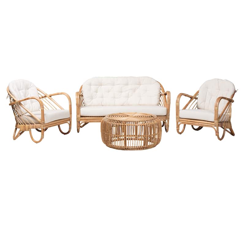 Aliane Modern Bohemian Natural Brown Antique Rattan 4-Piece Living Room Set - White, Natural Brown