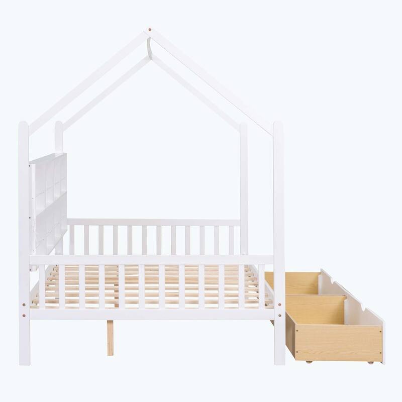 Comfortable Wooden House Bed with 2 Drawers,Kids Bed with Storage Shelf