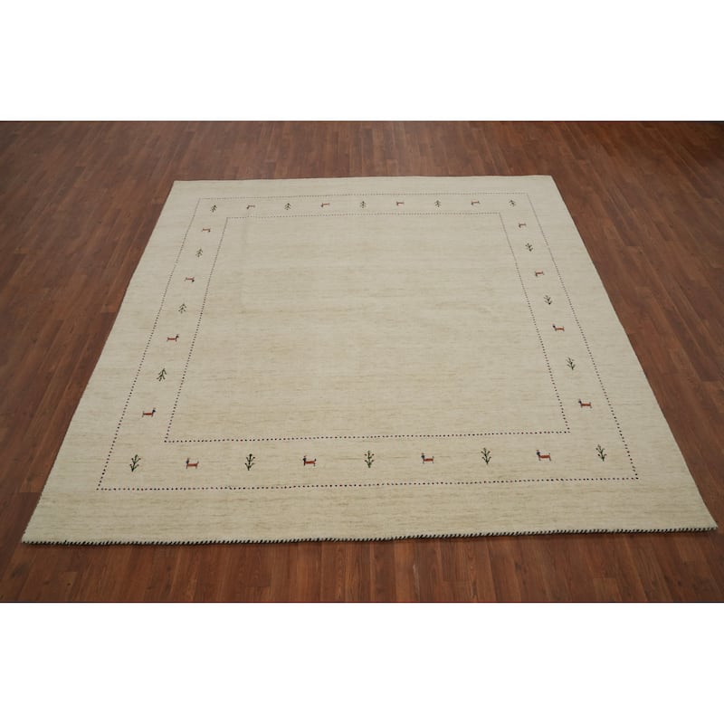 Hand Knotted Oriental 100% Wool Carpet Tribal Animal Pictorial Beige & Ivories Gabbeh Area Rug - 8' 0'' X 8' 2''