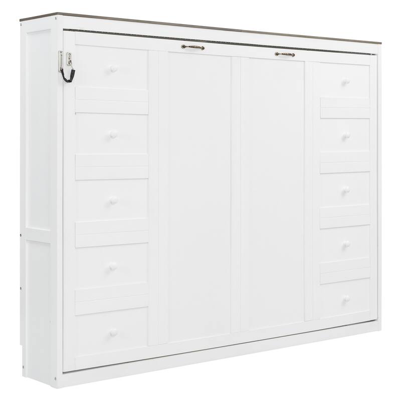 Wooden Murphy Bed with Desk and LED Light/Foldable Wall Bed Cabinet/Hydraulic Lift System/Wood Slats Support/Space-Saving Design