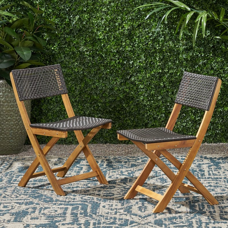 Hillside Outdoor Acacia Wood Foldable Bistro Chairs with Wicker Seating (Set of 2) by Christopher Knight Home