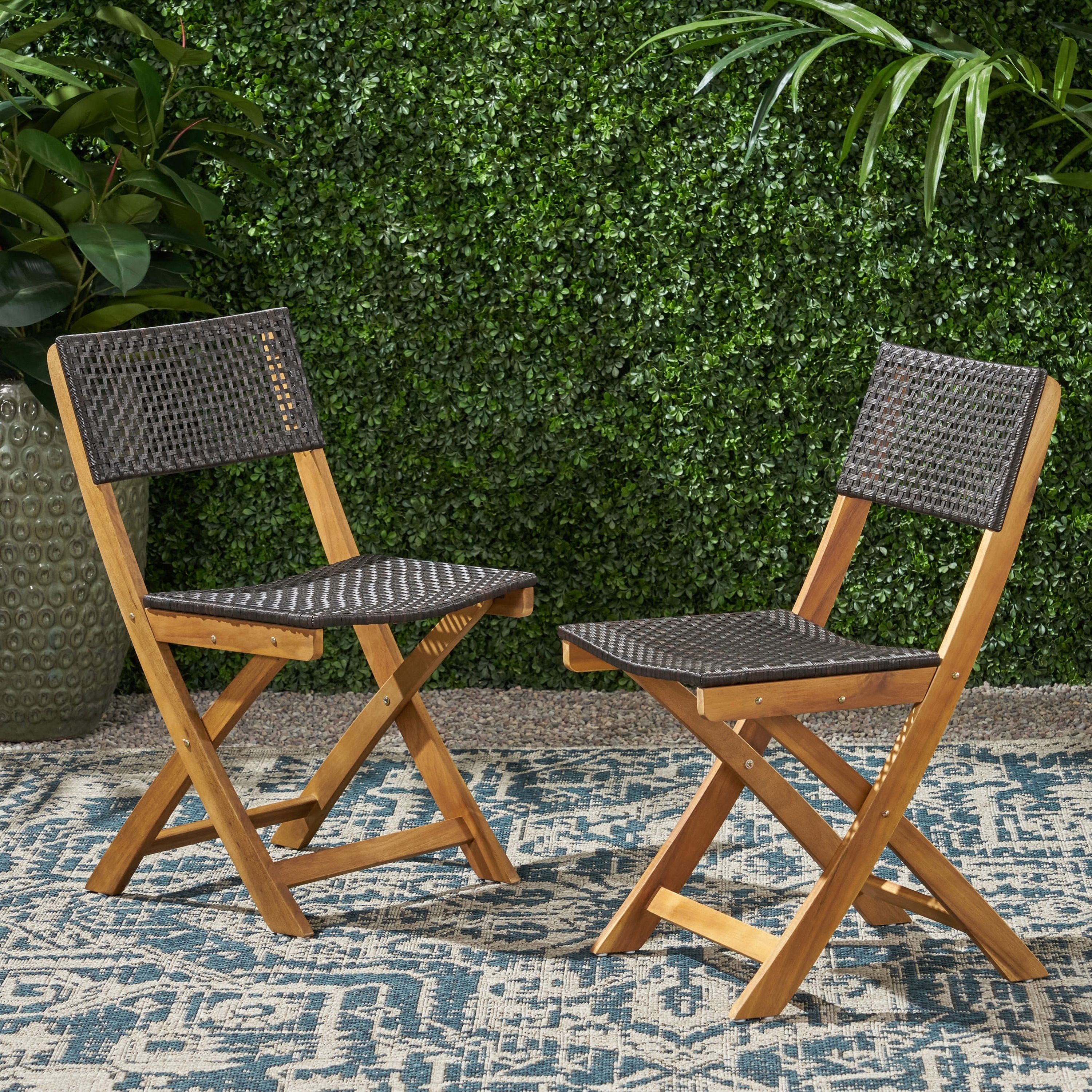 Hillside Outdoor Acacia Wood Foldable Bistro Chairs with Wicker