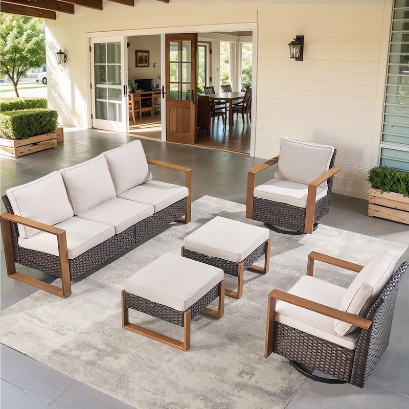 Outdoor Swivel Chair with Thick Cushion - Brwon Wicker Beige Cushion - 5PCS Sofa Swivel Chair Ottoman