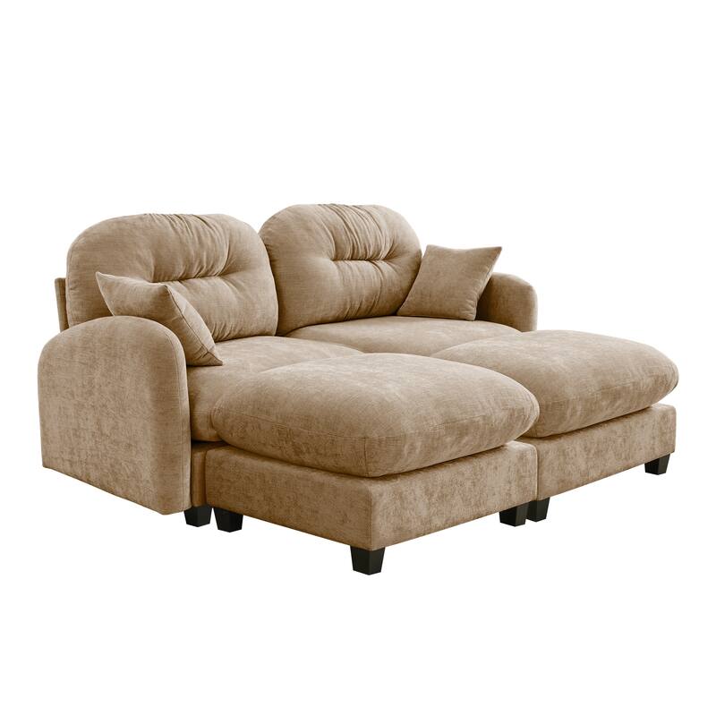 2 Seat Chenille Sofa Round Arms Sectional Sofa, Modern 74" Tufted Back Couch with Ottoman for Lving Room, Small Space