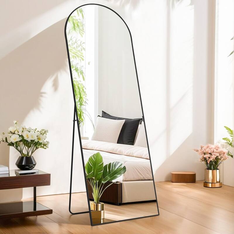 Arched Mirror Full Length, 21"x64" Body Wall Mirrors Shatter-Proof Glass, Large Tall Arch Mirror with Stand Aluminum Alloy Frame - Black