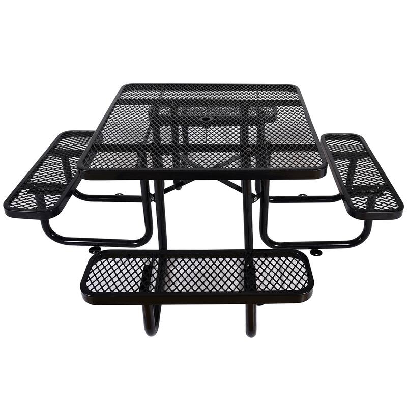 46" Heavy Duty Square Steel Picnic Table, Black with Umbrella Hole - Black