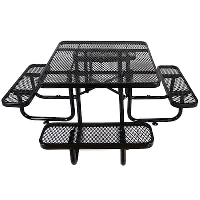 46" Heavy Duty Square Steel Picnic Table, Black with Umbrella Hole