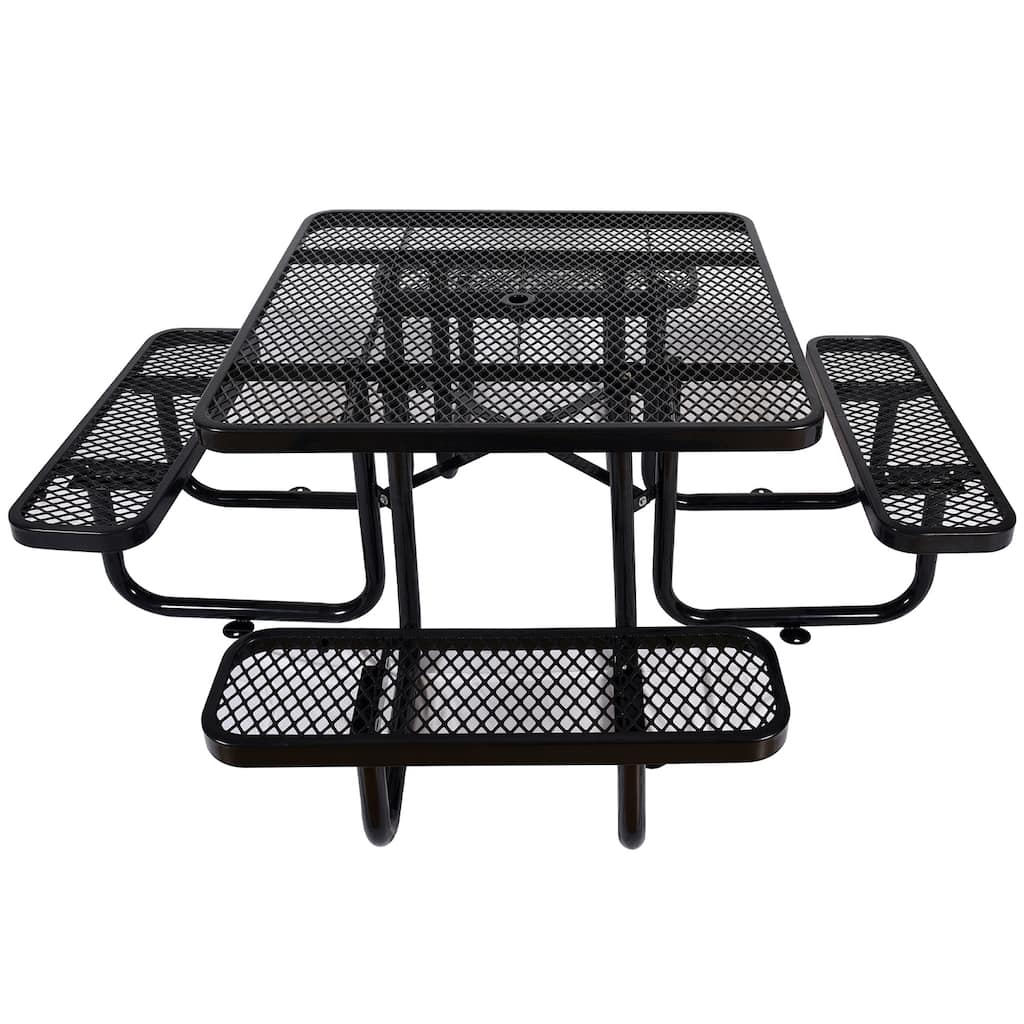 46" Heavy Duty Square Steel Picnic Table, Black with Umbrella Hole