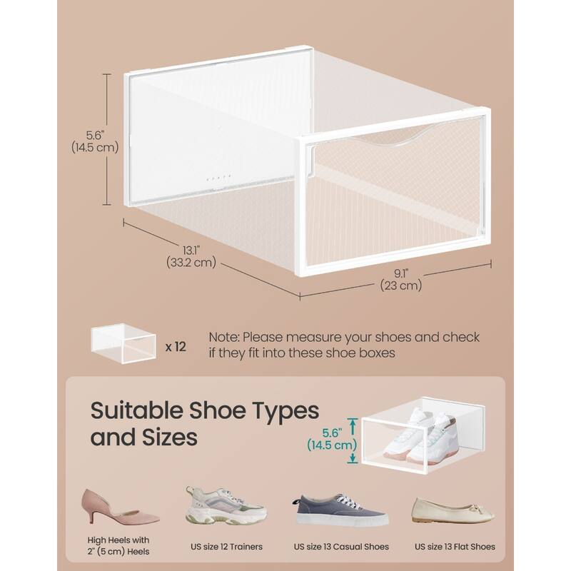 12 Pack Stackable Clear Plastic Shoe Storage Boxes with Doors Closet Shoe Organizer Containers - 9.1”L x 13.1”W x 5.6”H