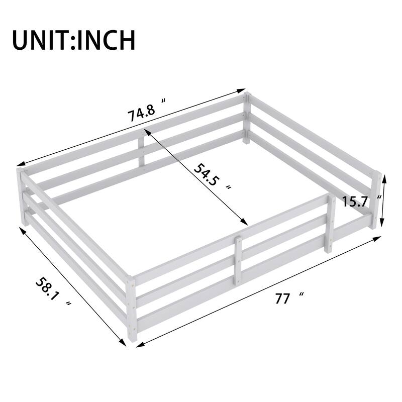 Grey Full Size Wood Floor Bed w/ Fence for Kids, Girls, Boys, Easy Assemble