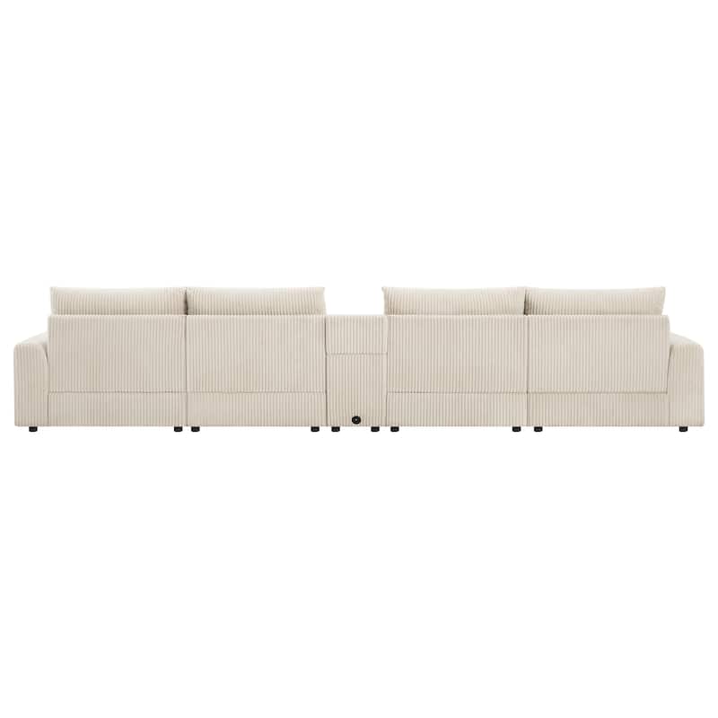 U-Shaped Cloud Corduroy Sectional Sofa with Console, Cup Holders, Bluetooth Speakers, Charging, Storage Ottoman, Deep Seats Sofa