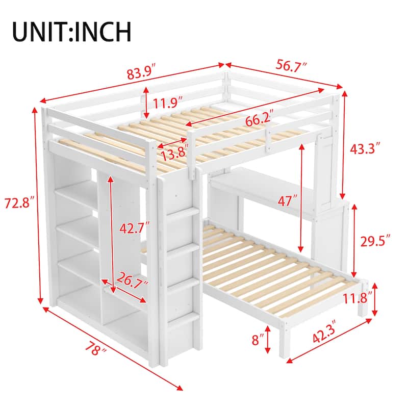 Solid Wood Full XL/Twin Bunk Bed with Dismountable Lower Bed, Built-in Desk, Shelves, and Wardrobe, Converts to Loft Bed, White