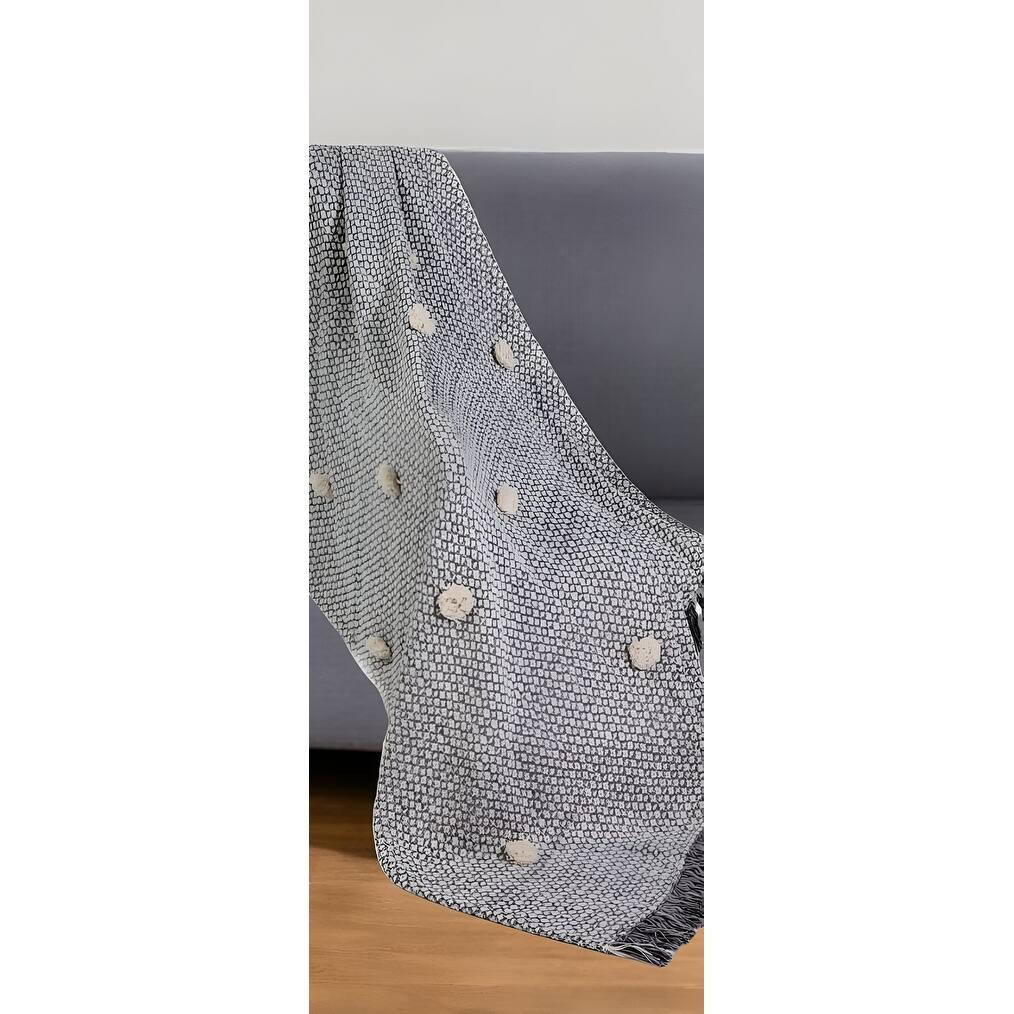 HomeRoots 50" X 60" Gray Woven Cotton Houndstooth Throw Blanket with Pom Poms