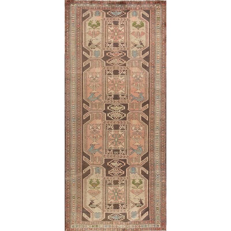 Animals Tribal Ardebil Persian Vintage Runner Rug Handmade Wool Carpet - 4'0"x 10'2"