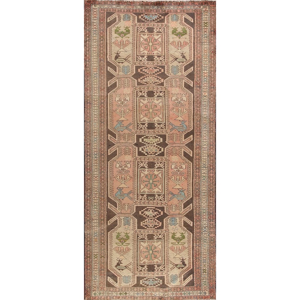 Animals Tribal Ardebil Persian Vintage Runner Rug Handmade Wool Carpet - 4'0"x 10'2"