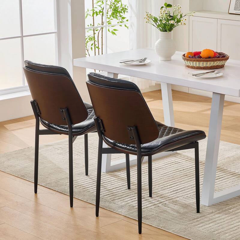 Set of 2 Mid-Century Dining Chairs - PU Leather, Walnut Bentwood & Adjustable Metal Legs