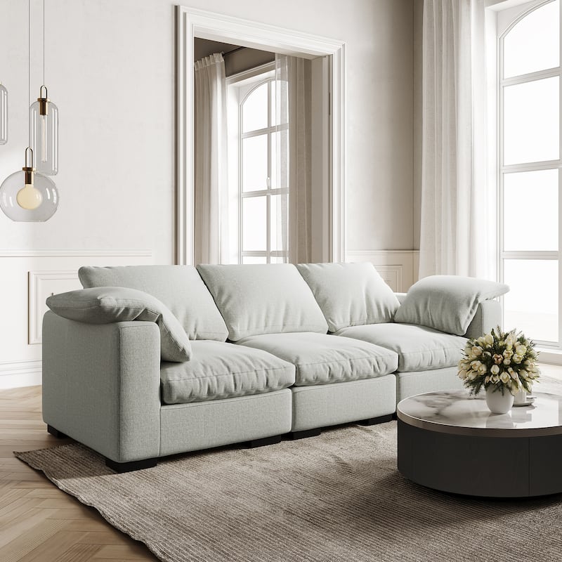 86.61'' Modern Farmhouse Deep 3-Seater Sofa, Track Arm Couch, Linen Fabric Sofa