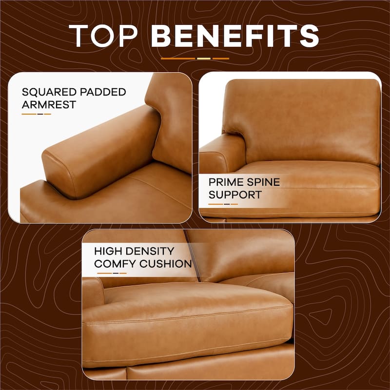 Genuine Elegant Luxurious Leather Loveseat Sofa with Goose Feather Cushion, Square Arms and Sturdy Block Legs